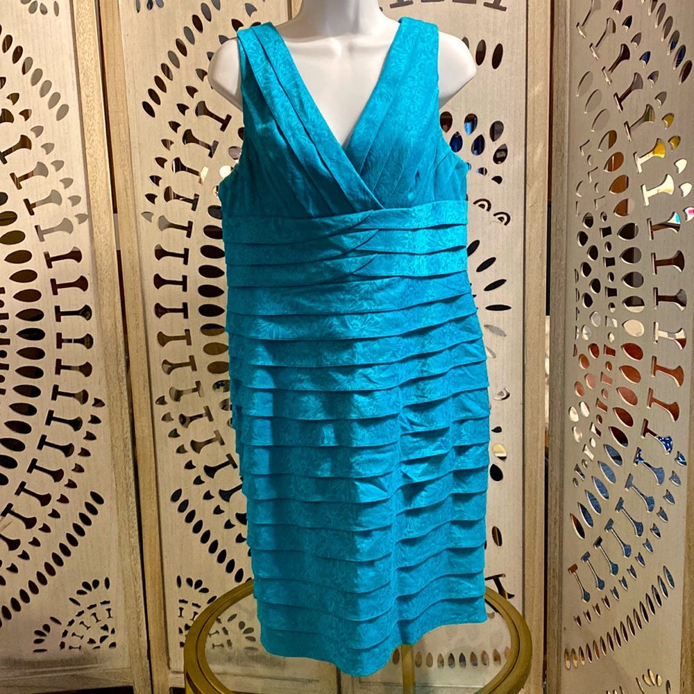 Adrianna Papell teal tiered cocktail wedding dress sz 14